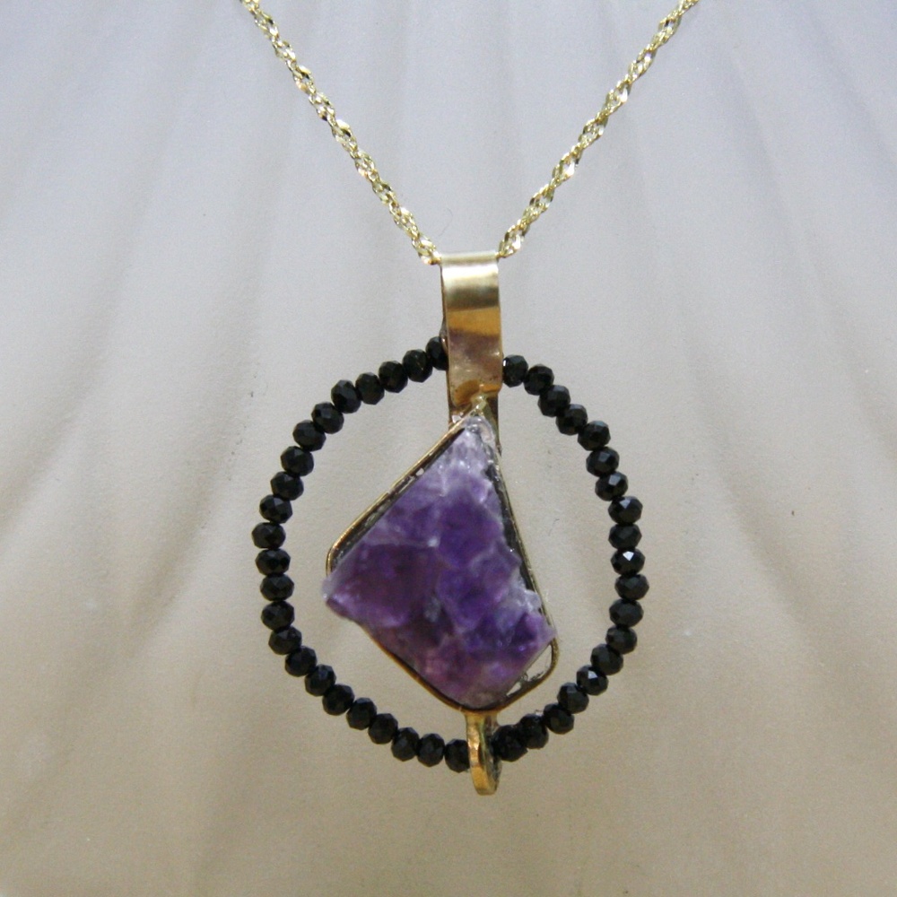 Natural Rough Amethyst Pendant Handmade in Solid 14K Yellow Gold , No chain